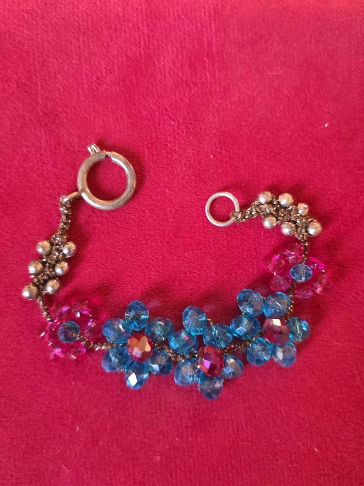 Blue &amp; Pink Beaded Flower Bracelet