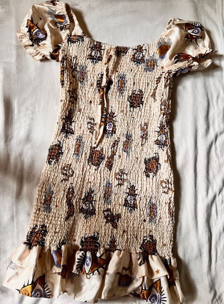 Cream Printed Smocked Puff-Sleeve Dress