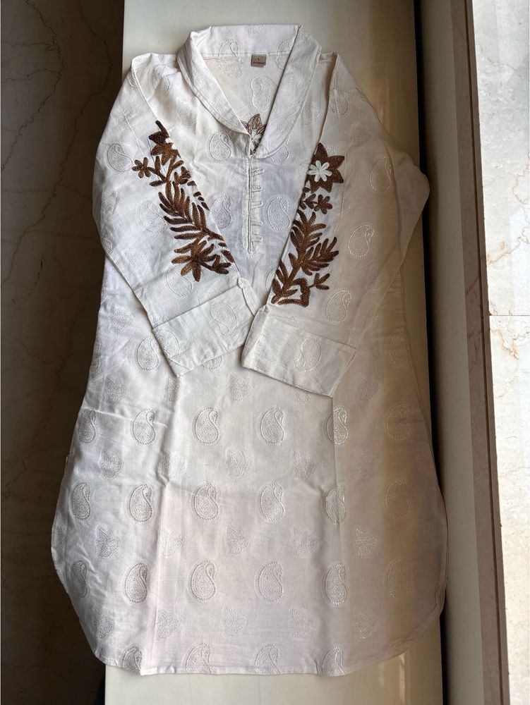 Elegant White Kurta with Embriodered Sleeves