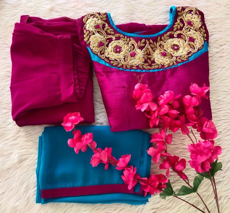 Pink &amp; Teal Embroidered Salwar Kameez