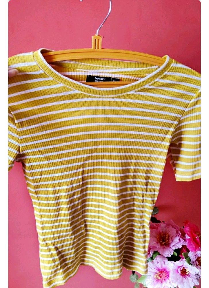 Lifestyle - Bosinni Yellow (Mustard &amp; White Stripped) Ribbed Top | In the Size XS Stretchable