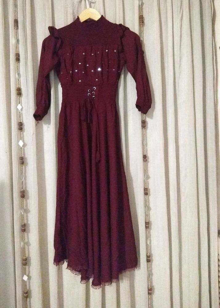 Maroon Long Full Sleeves Dress Elasticated Waist
