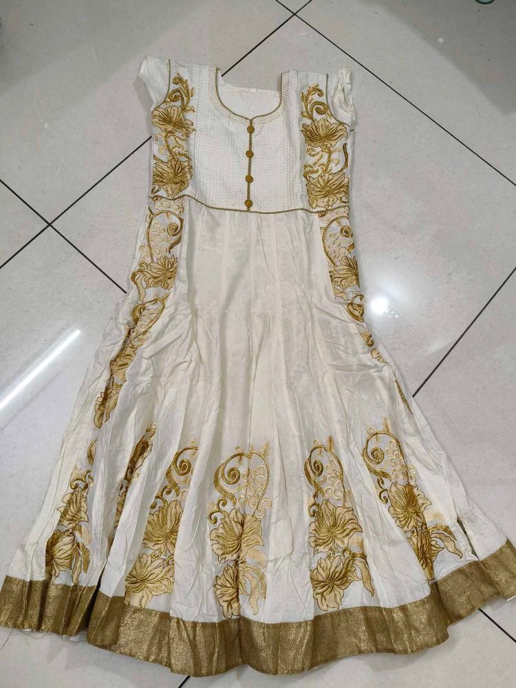 Elegant White &amp; Gold Embroidered Gown