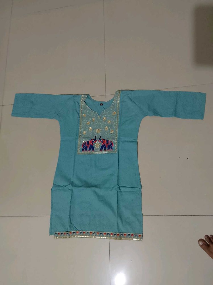Turquoise Kurta with Elephant Embroidery