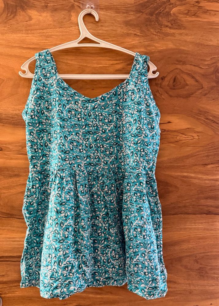 Teal Floral Print Cotton Kurta