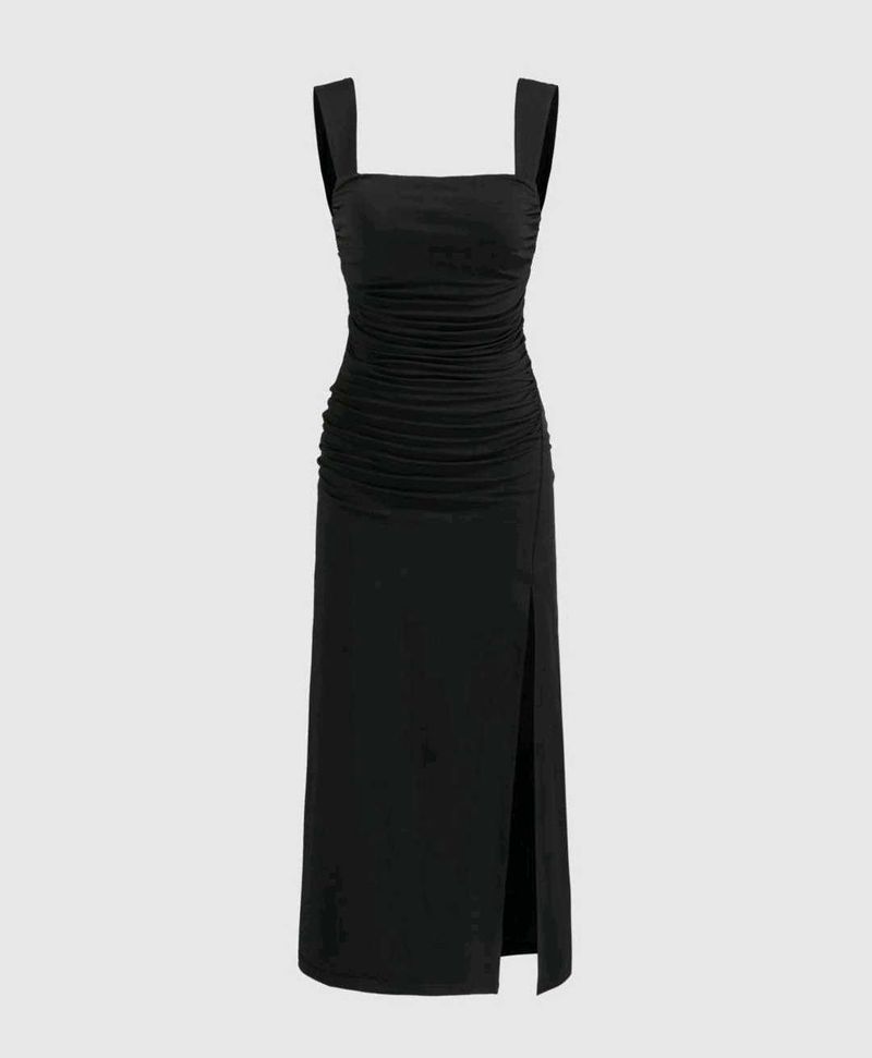 Chic Black Ruched Midi Dress