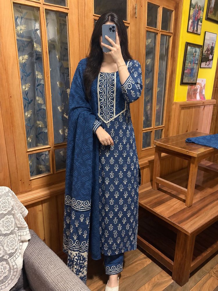 Beautiful Blue Printed Kurta Set with Dupatta