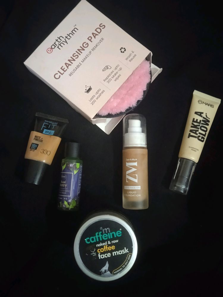 Zyan And Mrza Foundation No 6 ( Like New), Caffeneinface Mask, Facewash Sample , Maybelline 330 Tube Foundation,Makeup Remover Cleansing Pad(New) )