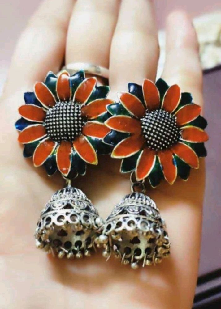 Pure German Silver Meenakari Jhumka With Earchain