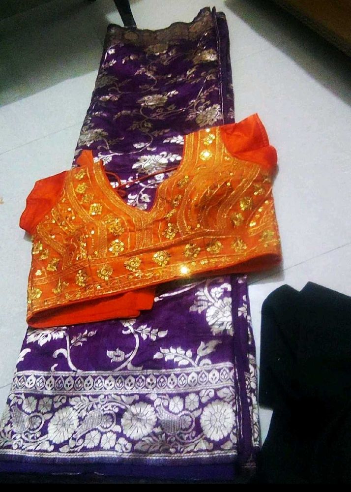 Designer Purple Saree with Orange Blouse