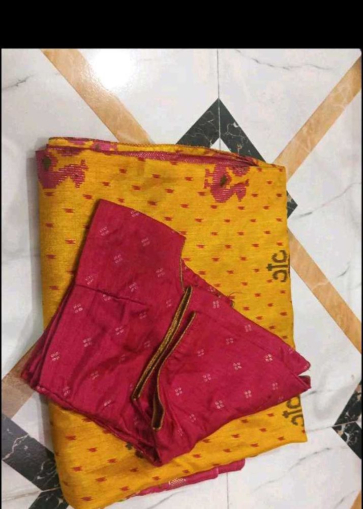 Vibrant Yellow Saree with Pink Blouse Piece