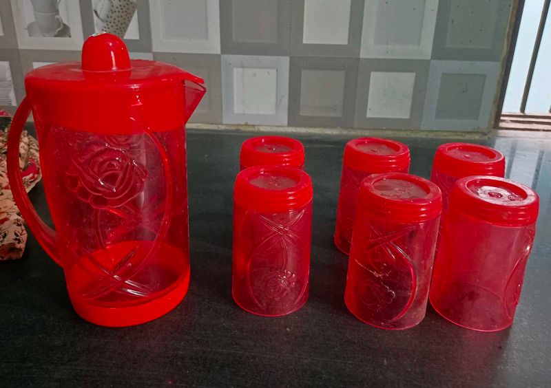 Red Jug &amp; Glasses Set 6