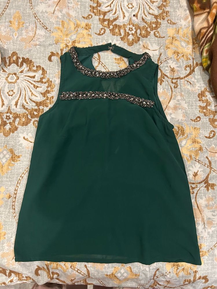 Green Embellished Sleeveless Top