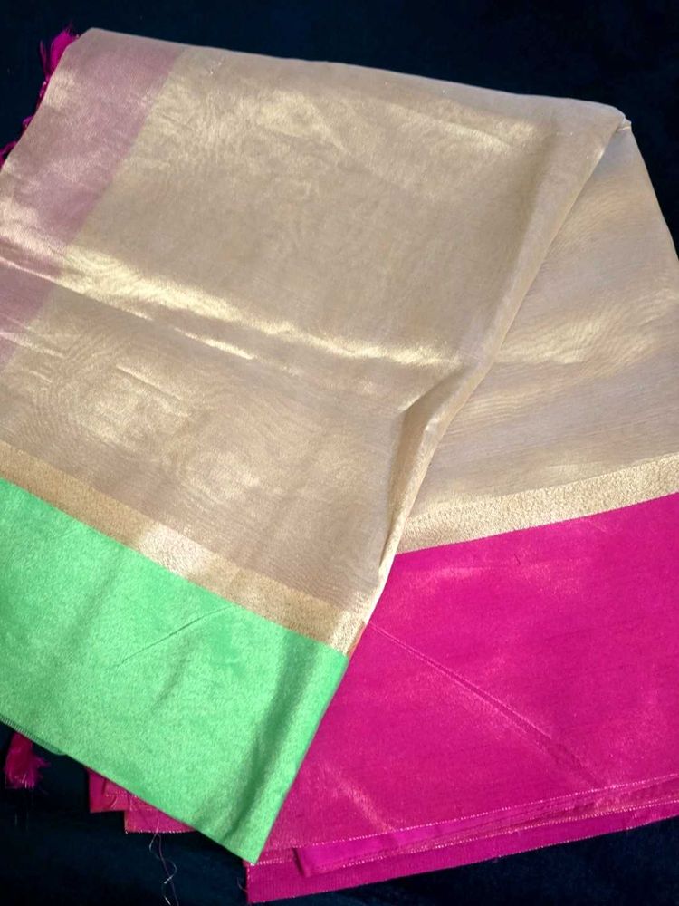 Elegant Gold Saree with Pink &amp; Green Border