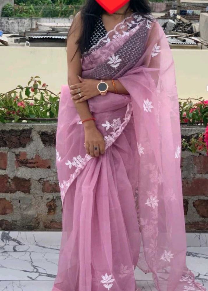 Elegant Pink Saree with White Embroidery