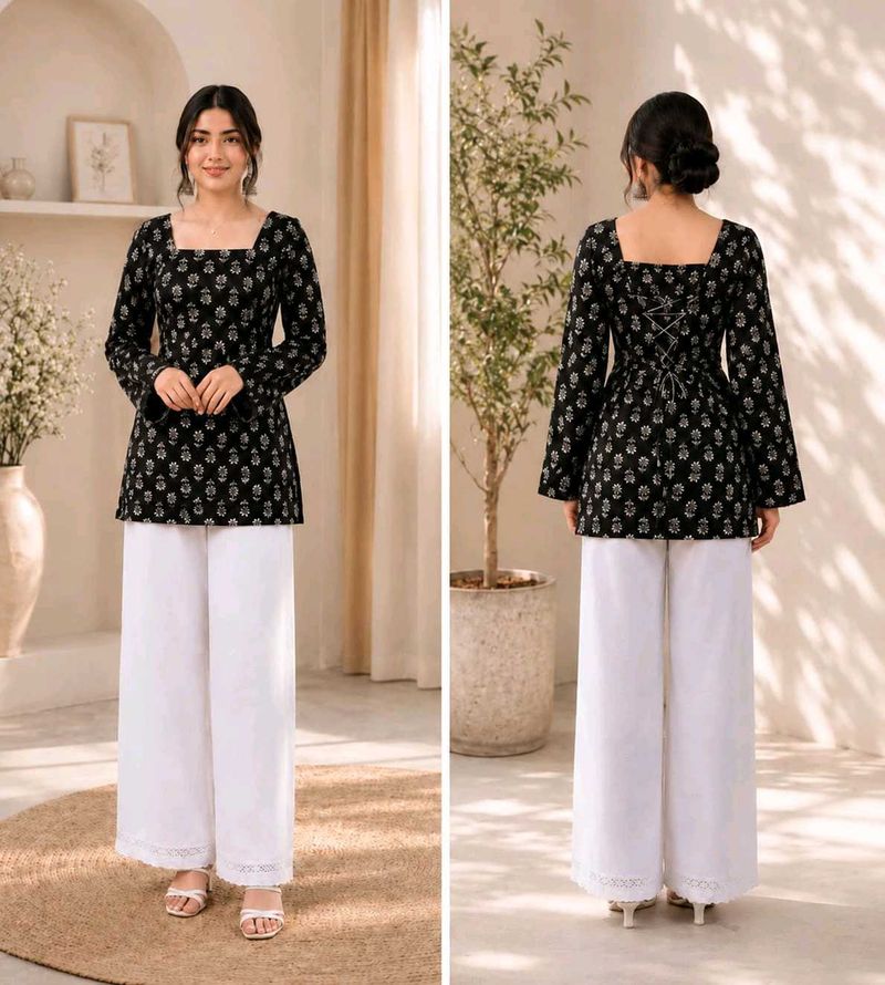 Stylish Black &amp; White Printed Kurta