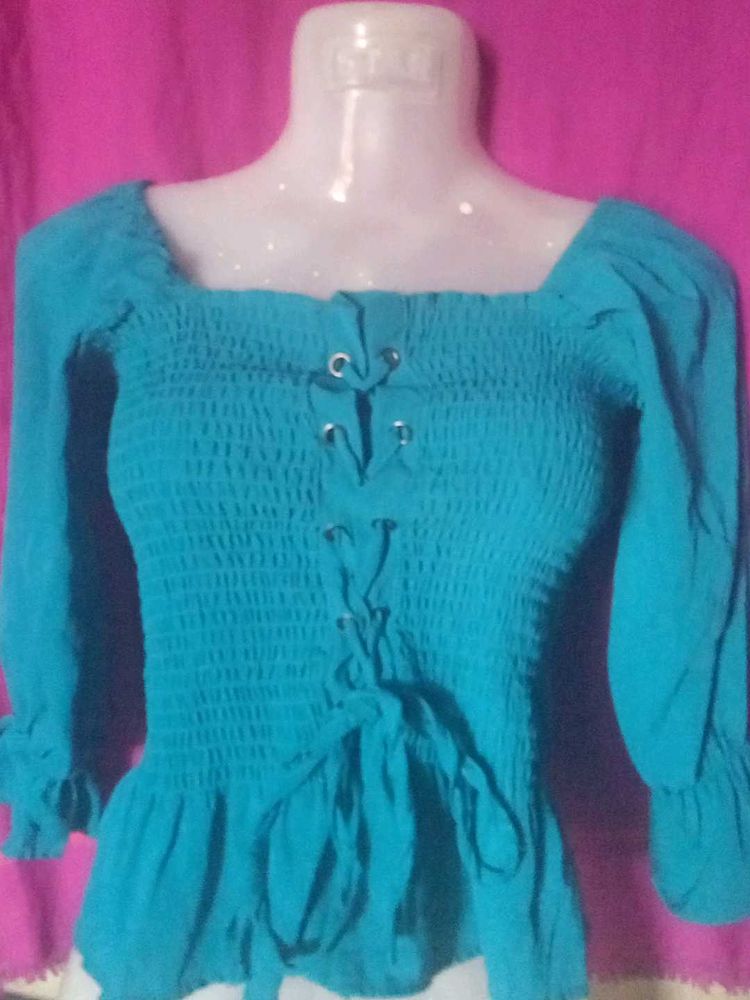 sea green Long Sleeve Corset Top
