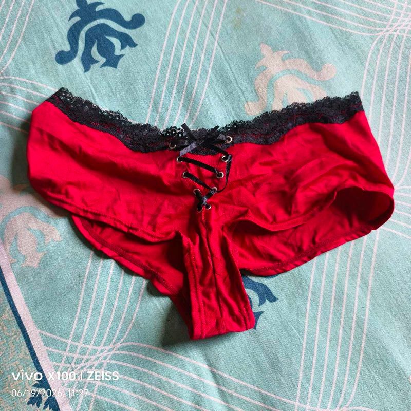 I. Red Lace Trim Briefs with Front Tie
