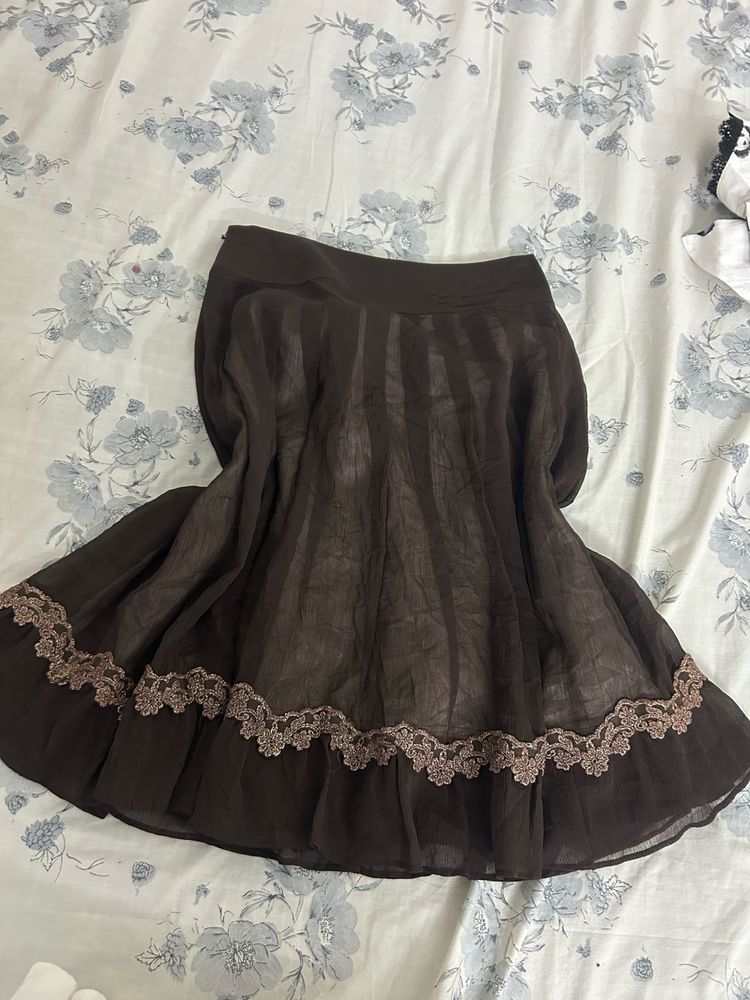 Brown Lace Trimmed Skirt