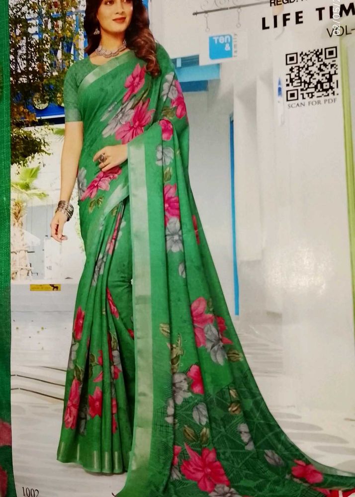 Green Floral Print Saree