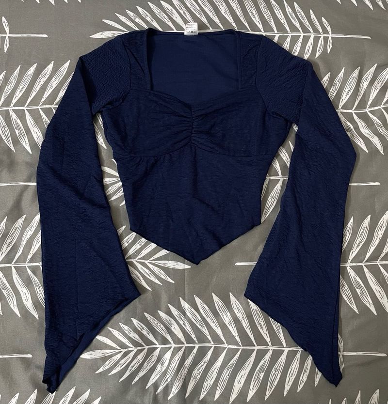 Navy Blue Bell Sleeve Crop Top