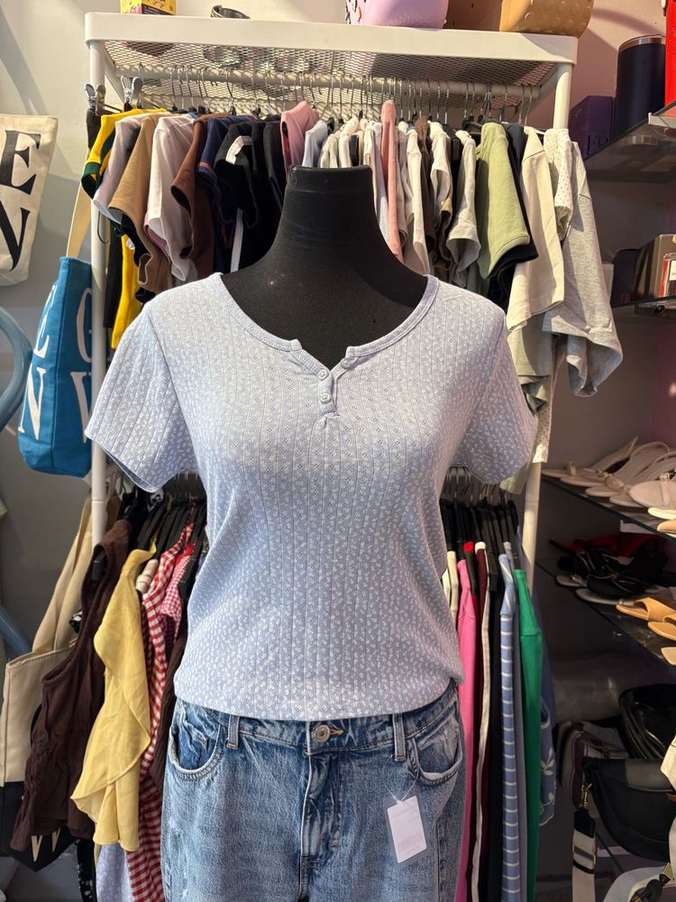Baby Blue Textured Button-Up Top