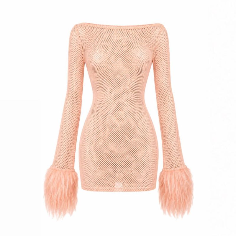 Sheer Mesh Mini Dress with Faux Fur Cuffs