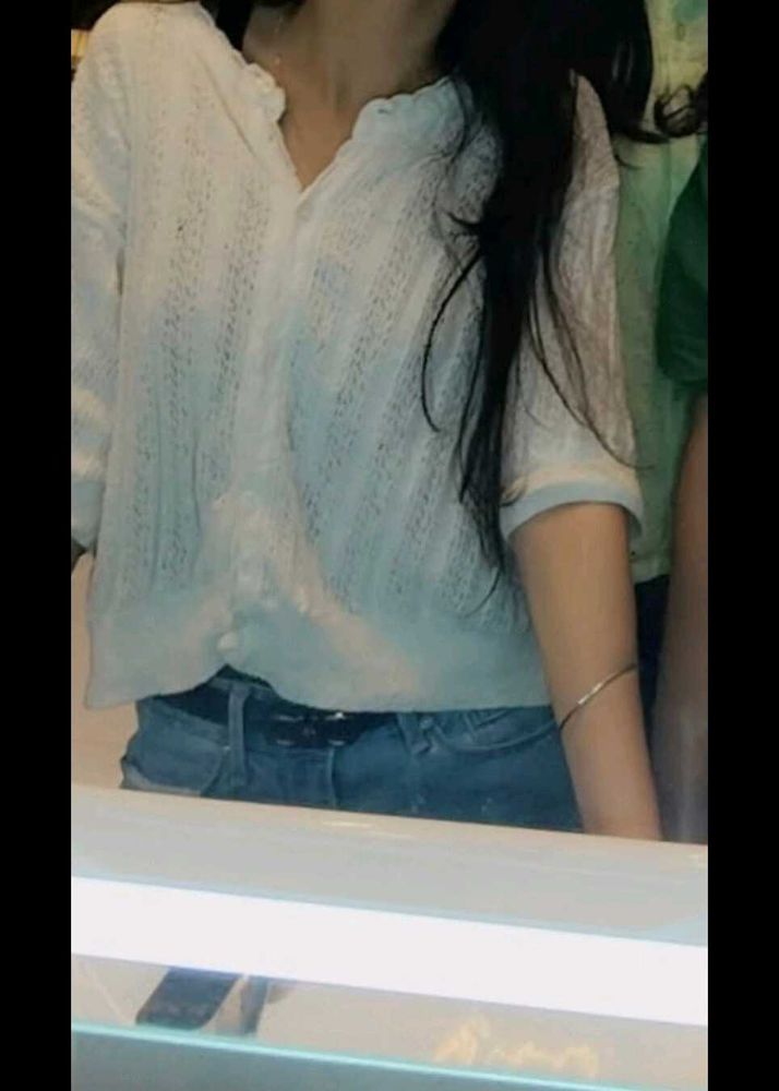 White Textured Button-Up Top