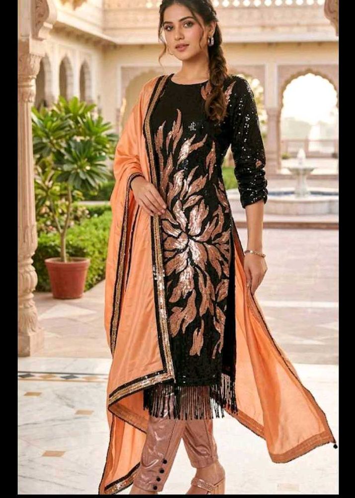 bust 32 Sparkling Black &amp; Peach Kurta Set