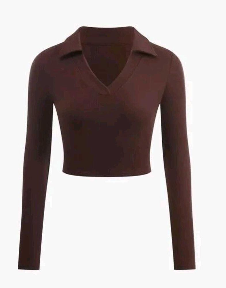 Brown Collared V-Neck Long Sleeve Top