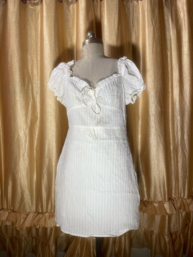White Puff Sleeve Tie Front Mini Dress