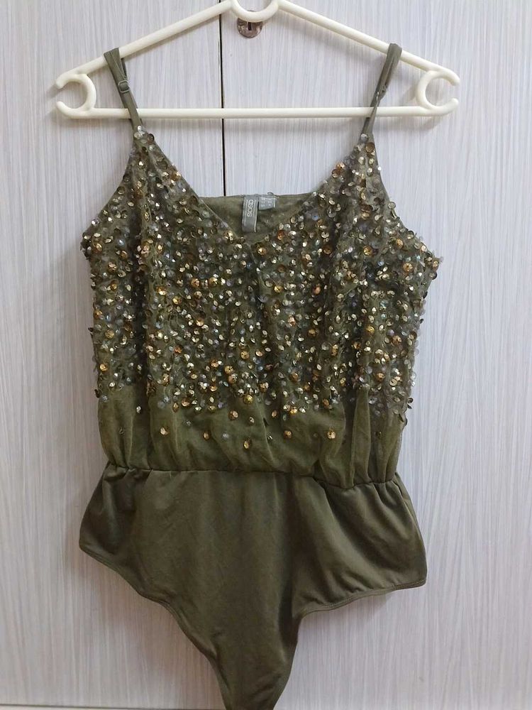 Olive Sequin Bodysuit Top