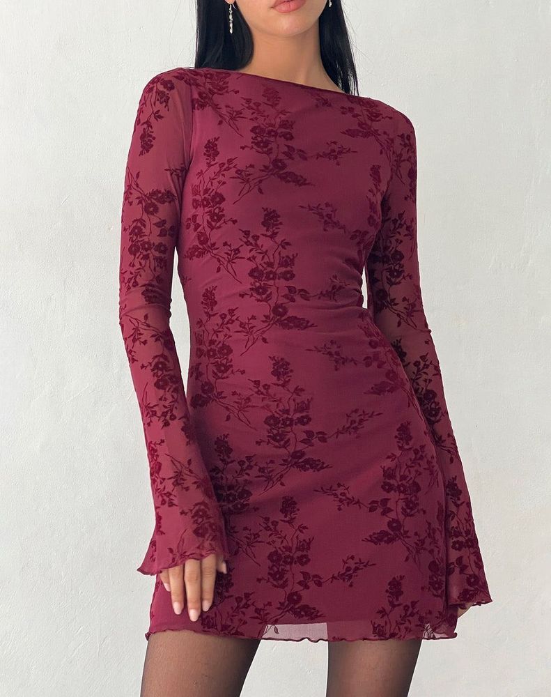 Burgundy Floral Mesh Dress