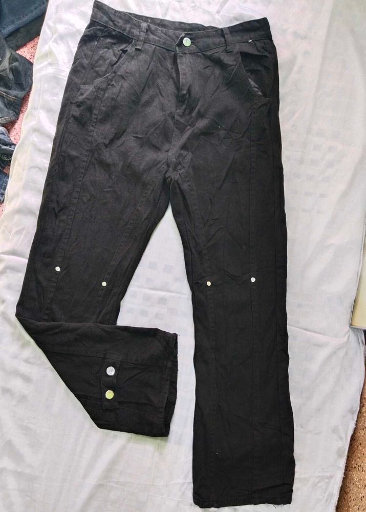 Black Flare Pants with Button Detail