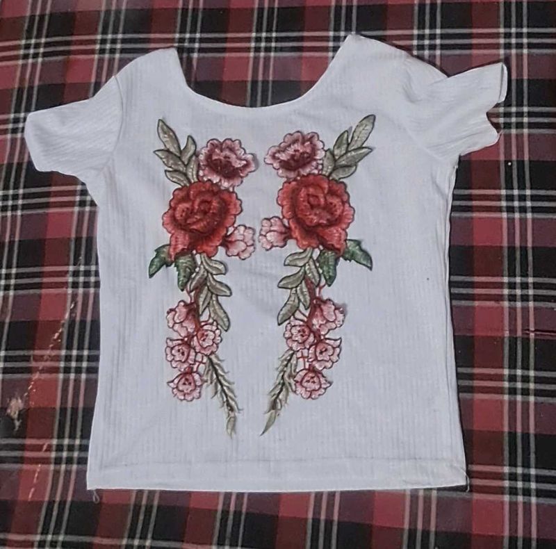 White Floral Embroidered T-Shirt