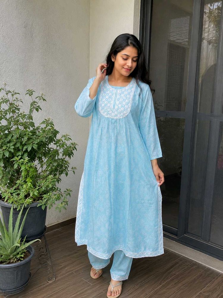 Sky Blue Kurta Set with White Embroidery