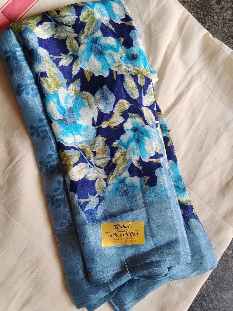 Blue Floral Chiffon Saree