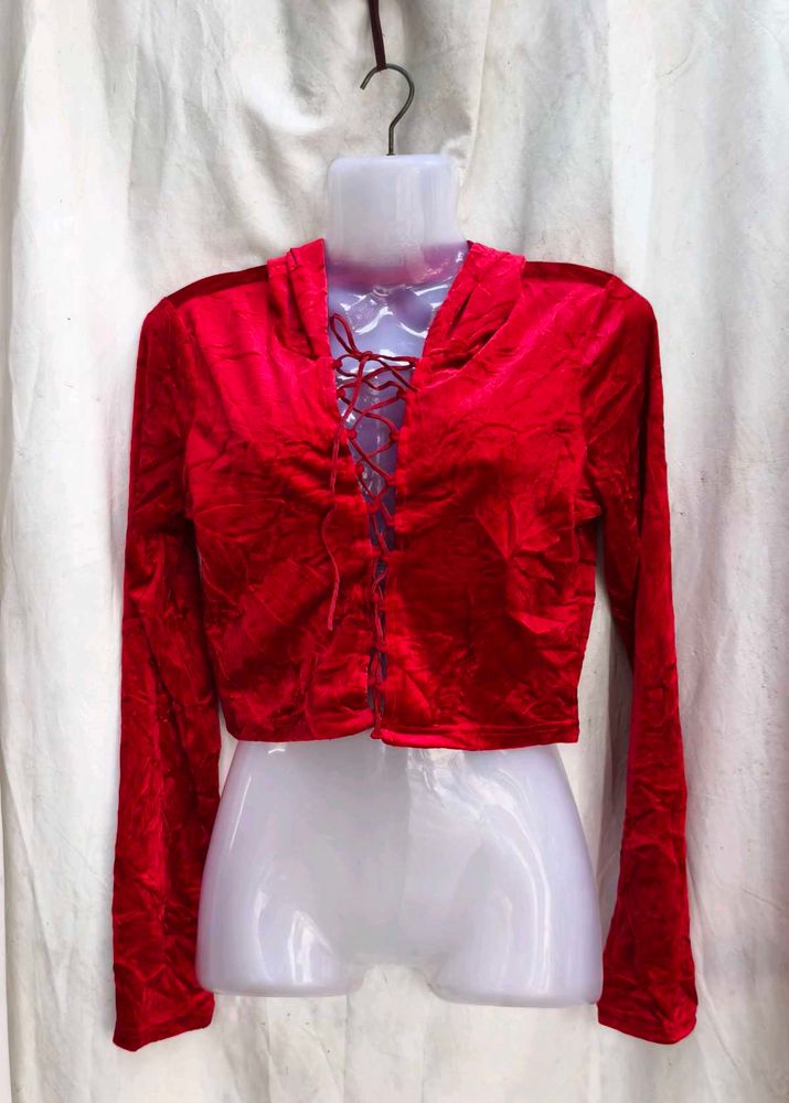 Red Velvet Lace-Up Crop Top