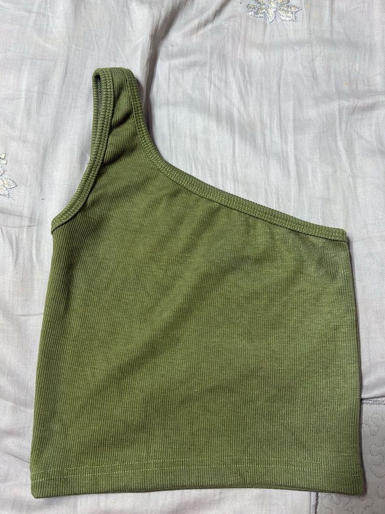 Ribbed Olive Green One Shoulder Crop Top