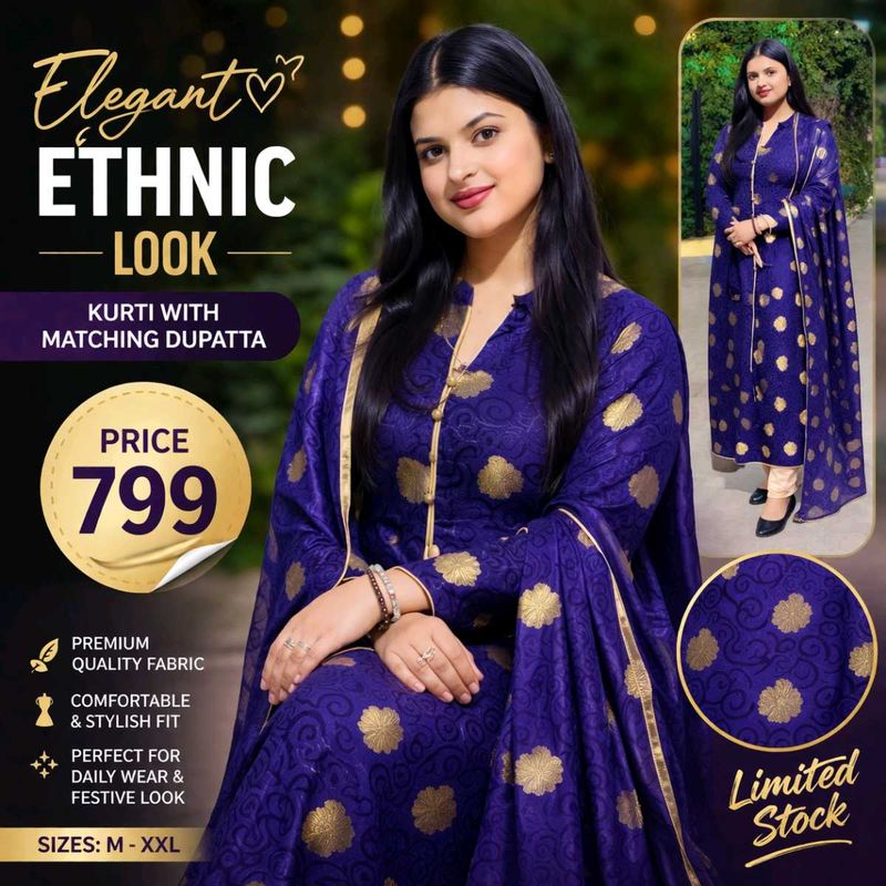 Royal Blue Heavy Partywear Kurti Set with Golden D