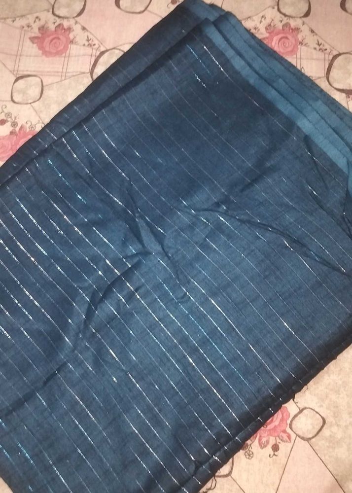 Elegant Teal Saree with Silver Stripes