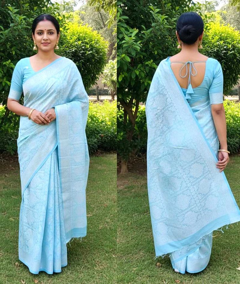 Elegant Modern Sky Blue Silk Saree
