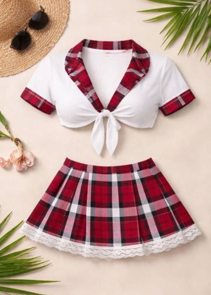 Plaid Tie-Front Crop Top &amp; Pleated Skirt Set