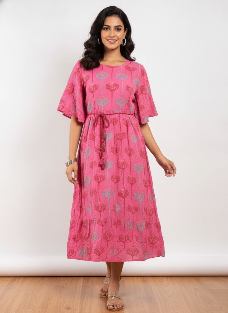 Pink Floral Print Midi Dress