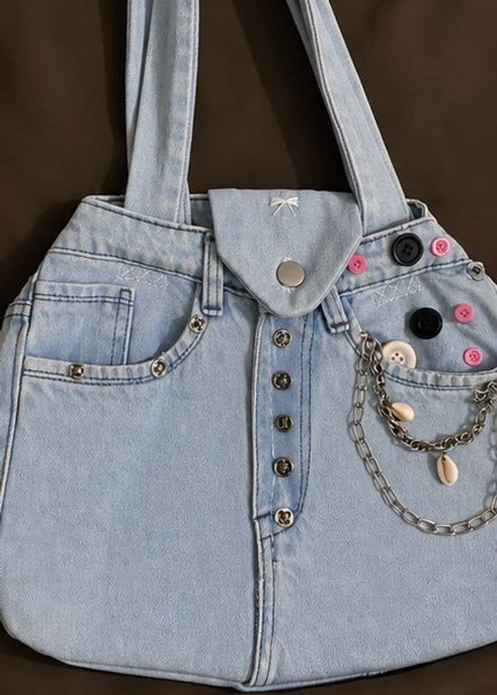 Y2K Light Blue Denim Tote Bag with Chain &amp; Button