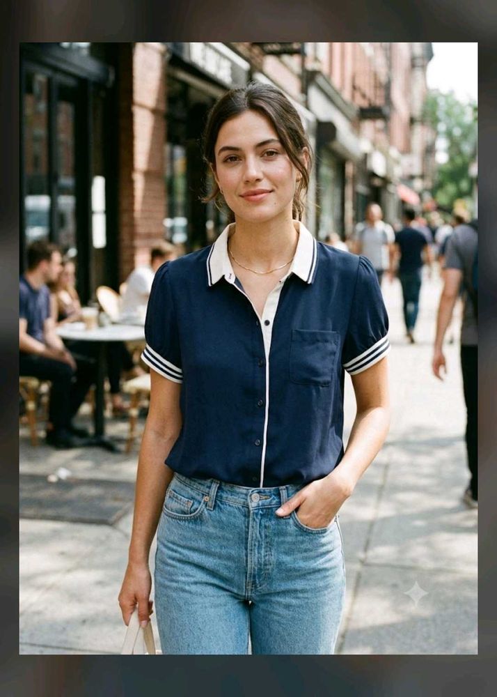 Chic Navy Collared Short Sleeve Top
