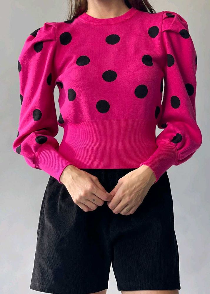 Woolen Pink Polka Dot Puff Sleeve Top