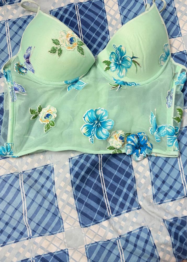 Mint Green Floral &amp; Butterfly Corset Top