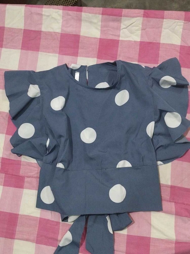 Blue Polka Dot Top with Flutter Sleeves