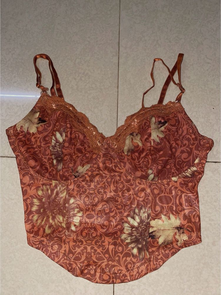 Vintage Floral Print Lace Trim Bra